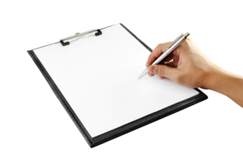 hand with pen writing on clipboard on transparent background png file