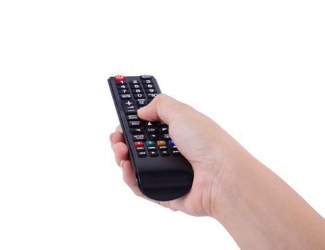 hand with tv remote control on transparent background png file - Powered by Adobe