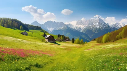 Photo sur Aluminium Ciel bleu Idyllic mountain landscape in the Alps. Generative AI