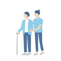 杖をつく女性と介助する介護福祉士