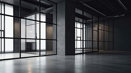 Dark, modern office space with large windows and a minimalist design.