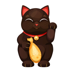 Maneki neko black cat tradition figure lucky symbol, pet with collar and bell, golden fish in cartoon style isolated on white background