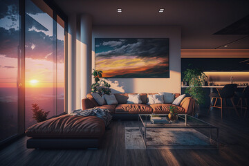 Modern interior design of the living room with big panoramic window. Super photo realistic background, generative ai illustration