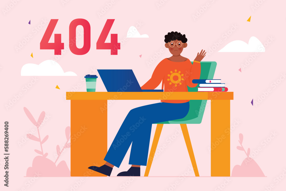Poster 404 no found pink concept with people scene in the flat cartoon design. programmer does not understa