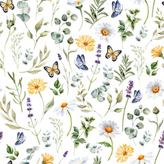 Watercolor wildflowers seamless pattern. Repeating print. Daisy, calendula, lavender, eucalyptus branches and leaves. Summer floral background for wrapping, greeting cards and invitations	
 - obrazy, fototapety, plakaty