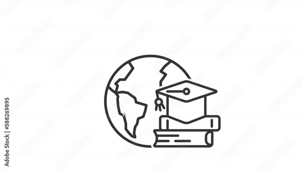 Poster student exchange linear animation. plane flying around world. academic cap and books. seamless loop 