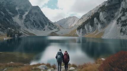 Fototapeta na wymiar Travelers couple look at the lake and the mountains. Generative AI