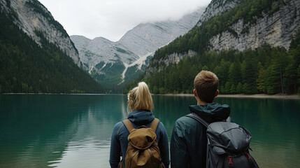 Travelers couple look at the lake and the mountains. Generative AI