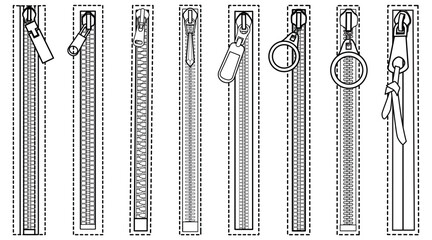 set of zippers flat sketch vector illustration technical cad drawing template