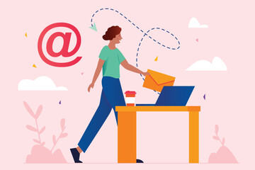 Email service pink concept with people scene in the flat cartoon design. Employee sends malicious emails through an online mailbox. Vector illustration.