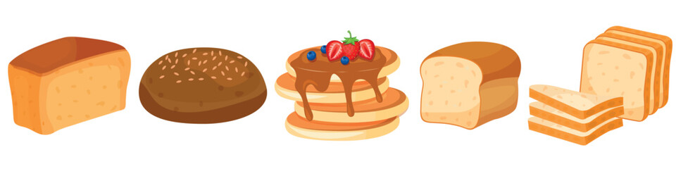 Vector cartoon set of flour bakery products. Freshly baked bread. Juicy elements of delicious food for your design. Eps 10.
