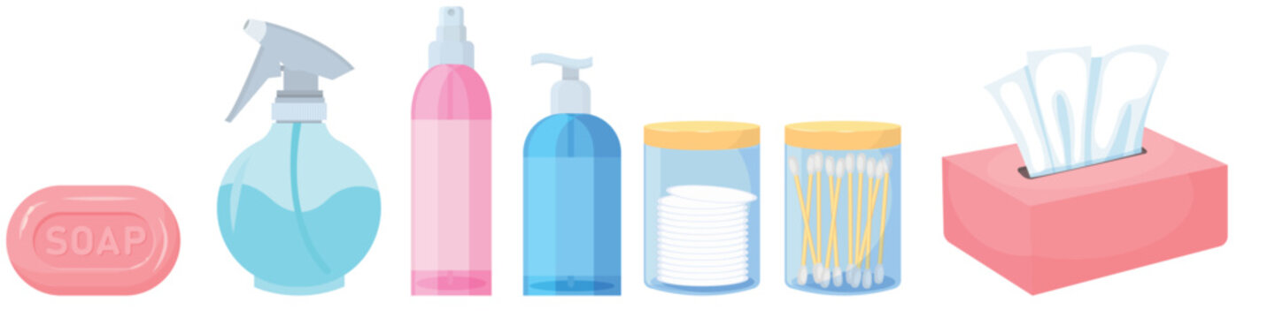 Vector cartoon set of bathroom hygiene items. The concept of cleanliness and self-care. Beautiful elements for your design.