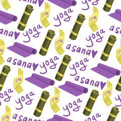 Vector yoga pattern. Pattern with text "Yoga, asana", yoga mat, rubber band, belt
