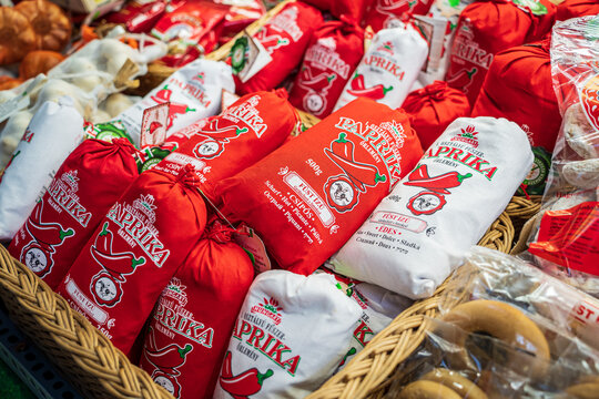 Hungarian paprika bags close-up in a stall in the Great Market Hall, popular tourist souvenir from Hungary. Budapest, Hungary - February 2, 2023.