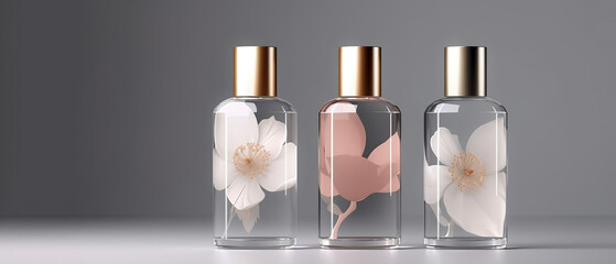 Empty perfume bottle mockup with flowers inside for cosmetic branding. AI generated - obrazy, fototapety, plakaty