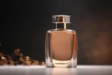 Empty perfume bottle mockup on dark background for cosmetic branding. AI generated