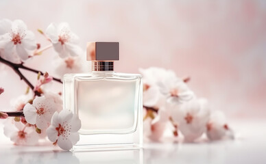 Empty perfume bottle mockup against spring blooming flowers for cosmetic branding. AI generated