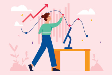 Stock market pink concept with people scene in the flat cartoon style. Financier follows the rapid spread of various currencies on the stock market. Vector illustration.