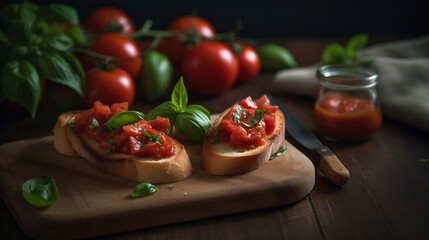 Photograph showcasing a beautifully plated bruschetta with ripe tomatoes and fresh basil.