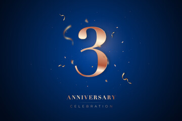 3st Anniversary celebration greeting card. Rose Gold metallic Number 3 with sparkling confetti on dark blue background. Design template for birthday or wedding party event decoration.