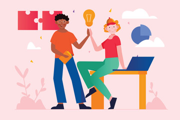 Teamwork pink concept with people scene in the flat cartoon design. Two friends are happy that they were able to complete the task together. Vector illustration.