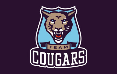 Sports logo with cougar mascot. Colorful sport emblem with cougar, puma mascot and bold font on shield background. Logo for esport team, athletic club, college team. Isolated vector illustration