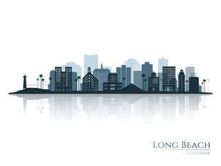 Long Beach skyline silhouette with reflection. Landscape Long Beach, California. Vector illustration. - obrazy, fototapety, plakaty