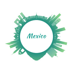 Mexico skyline with colorful buildings. Circular style. Stock vector illustration.