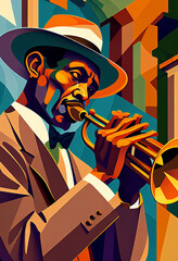 Afro-American male jazz musician trumpeter playing a brass trumpet in an abstract cubist style painting for a poster or flyer, computer Generative AI stock illustration