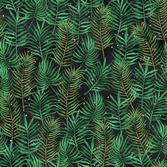 Naklejka na ściany i meble Tropical background, exotic seamless pattern, trendy pattern, dark pattern, black background, green leaves, gold little dots
