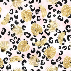 Tropical seamless pattern, safari background, cheetah pattern, exotic background, gold leaves, monstera leaf, pink watercolor
