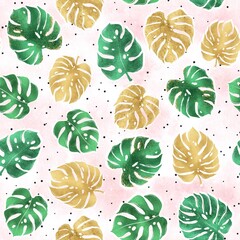Tropical leaves on soft pink background, seamless pattern, gold and green leaves, monstera leaf, gold foil, black dots, splatter, pink watercolor, trendy pattern