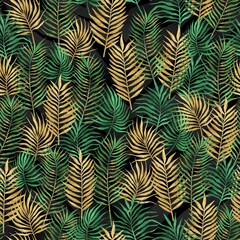 Tropical seamless pattern, gold and green leaves, black background, trendy background, exotic pattern