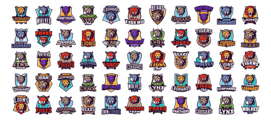 Set of esports logos with animal mascots for gamers and teams. Collection of esports mascot logos with lion, tiger, cougar, panther, leopard, wolf, fox, bear heads. Vector illustration for esports