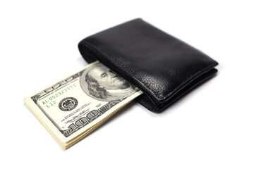 leather wallet with money american dollars isolated on white, concept of shopping, savings,...