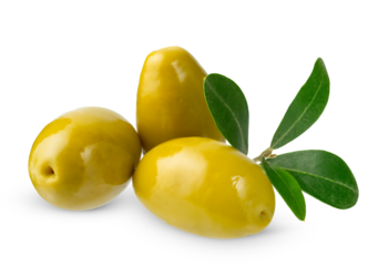 Three green olives with leaves isolated on white background.
