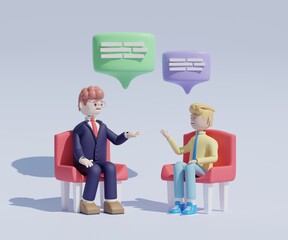 3D illustration of two men meeting and talking with speech bubbles. Happy businessmen characters sitting in chairs and discussing. Successful partnership, psychologist counseling, support session.