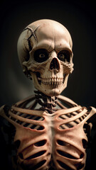 closeup of dead zombie human skeleton with human eyes and at dark background, generative AI