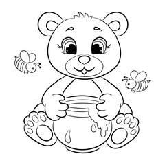 The teddy bear is holding a pot of honey. Coloring book for children. Vector illustration.