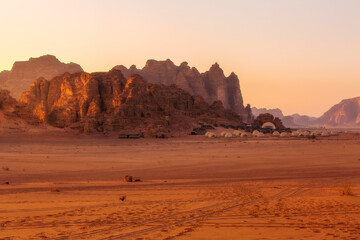 Wadi Rum desert landscape and camp tents, Jordan