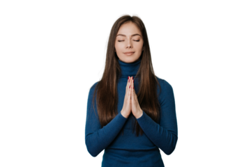blonde woman in dark blue jumper folds hands in prayer gesture with eyes closed and calm face. girl concentrating to be in psychological balance to keep inner peace against transparent background.