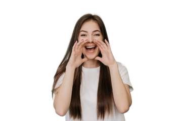 Sale! Attractive blonde young italian woman screaming, holding hands in shape of megaphone, calling people to shopping over transparent background. Attention! Discount concept, mockup. Happy news.