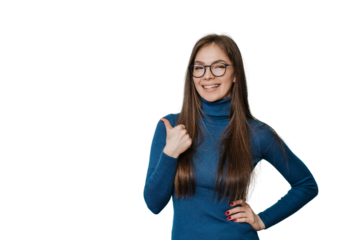 Attractive Italian young caucasian woman in blue sweater and glasses smiling wide, showing thumb up gesture over transparent background with empty space for ad. Mockup, shopping, sales, discount.