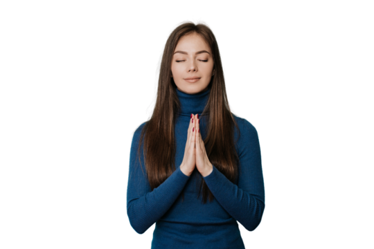 blonde woman in dark blue jumper folds hands in prayer gesture with eyes closed and calm face. girl  concentrating to be in psychological balance to keep inner peace against transparent background. - Powered by Adobe