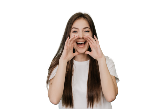 Sale! Attractive blonde young italian woman screaming, holding hands in shape of megaphone, calling people to shopping over transparent background. Attention! Discount concept, mockup. Happy news.