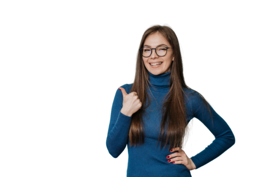Attractive Italian young caucasian woman in blue sweater and glasses smiling wide, showing thumb up gesture over transparent background with empty space for ad. Mockup, shopping, sales, discount.