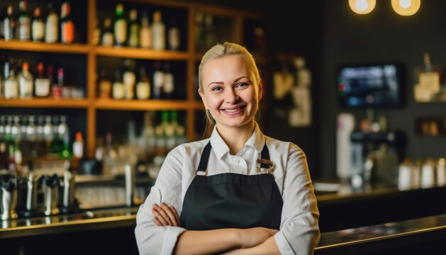 Female bartender in a night club bar with lights that invites to a moody party atmosphere