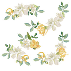 watercolor white gardenia and Thai style flower bouquet wreath frame