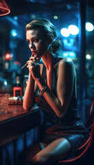 Fototapeta na wymiar Single girl in a bar going out alone in the moody nightlife in dim light