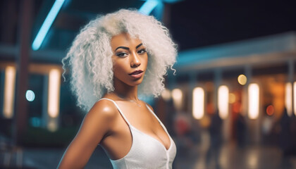 Fototapeta premium Girl all alone in the big city in a night life scene with moody street lights